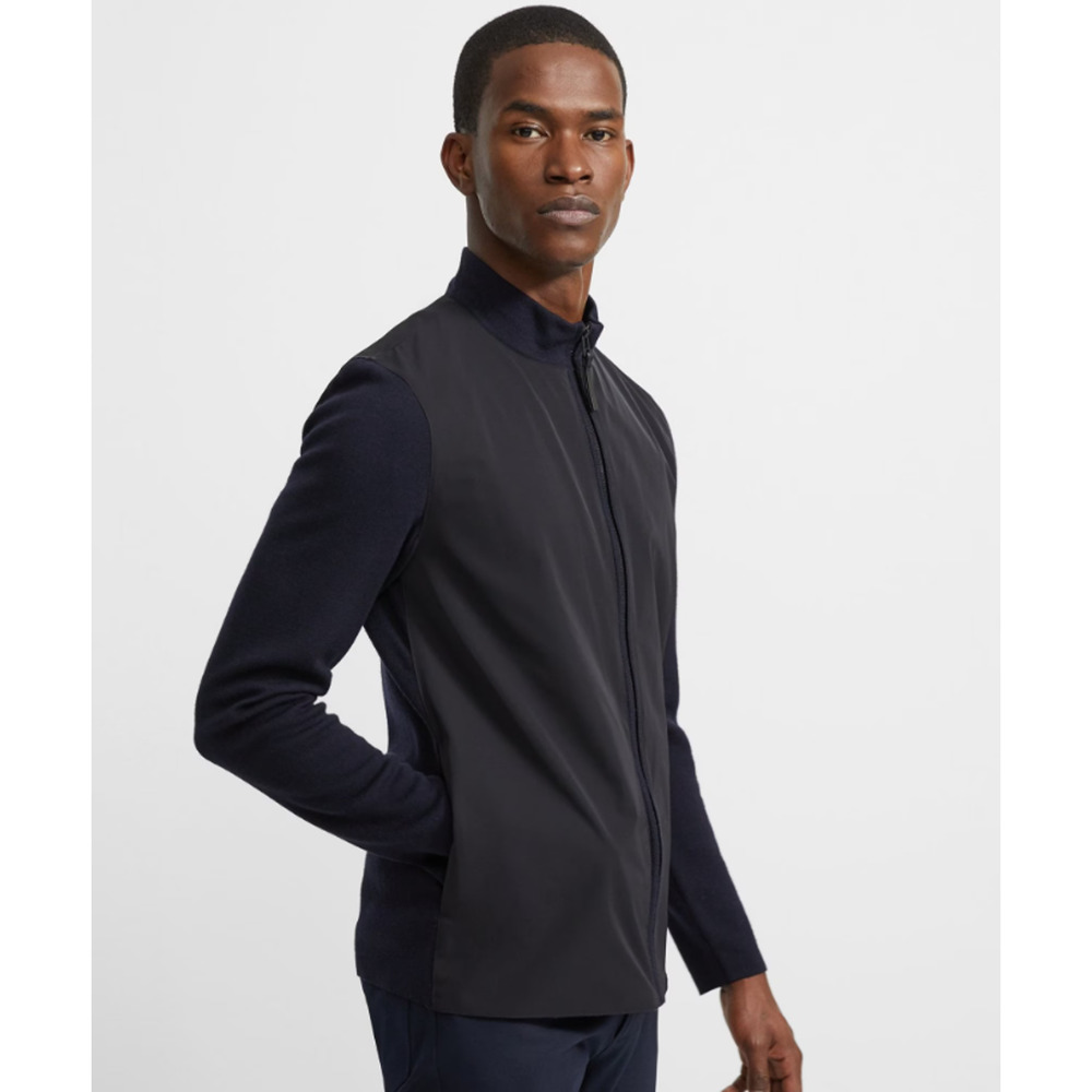 Theory Detroe Merino Wool Full Zip Sweater Mens Medium Blue Black Pockets Modern